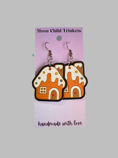 Christmas Gingerbread House Hand Painted Wooden Wire EarringsPink tiful of LOVE