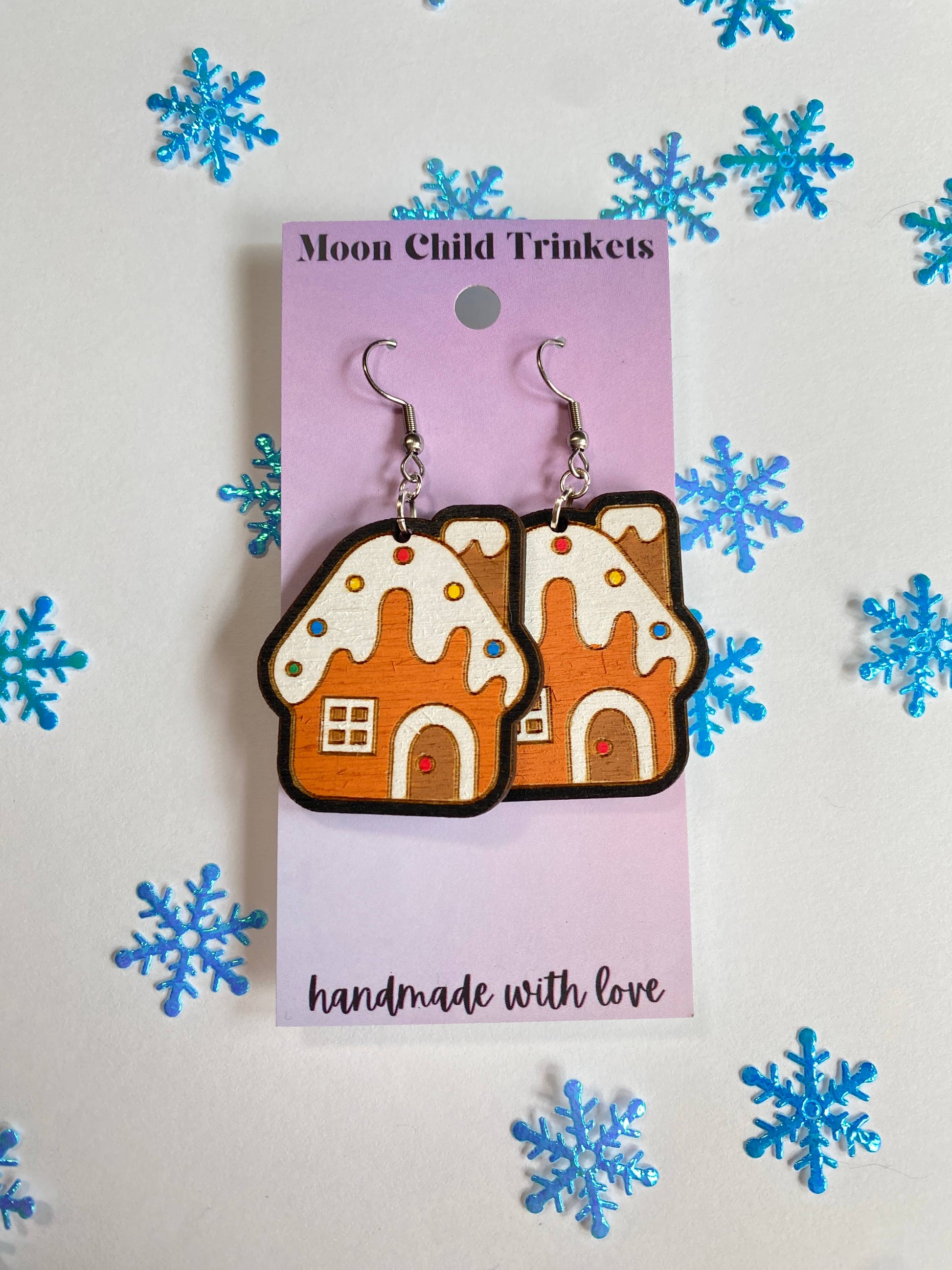 Christmas Gingerbread House Hand Painted Wooden Wire EarringsPink tiful of LOVE