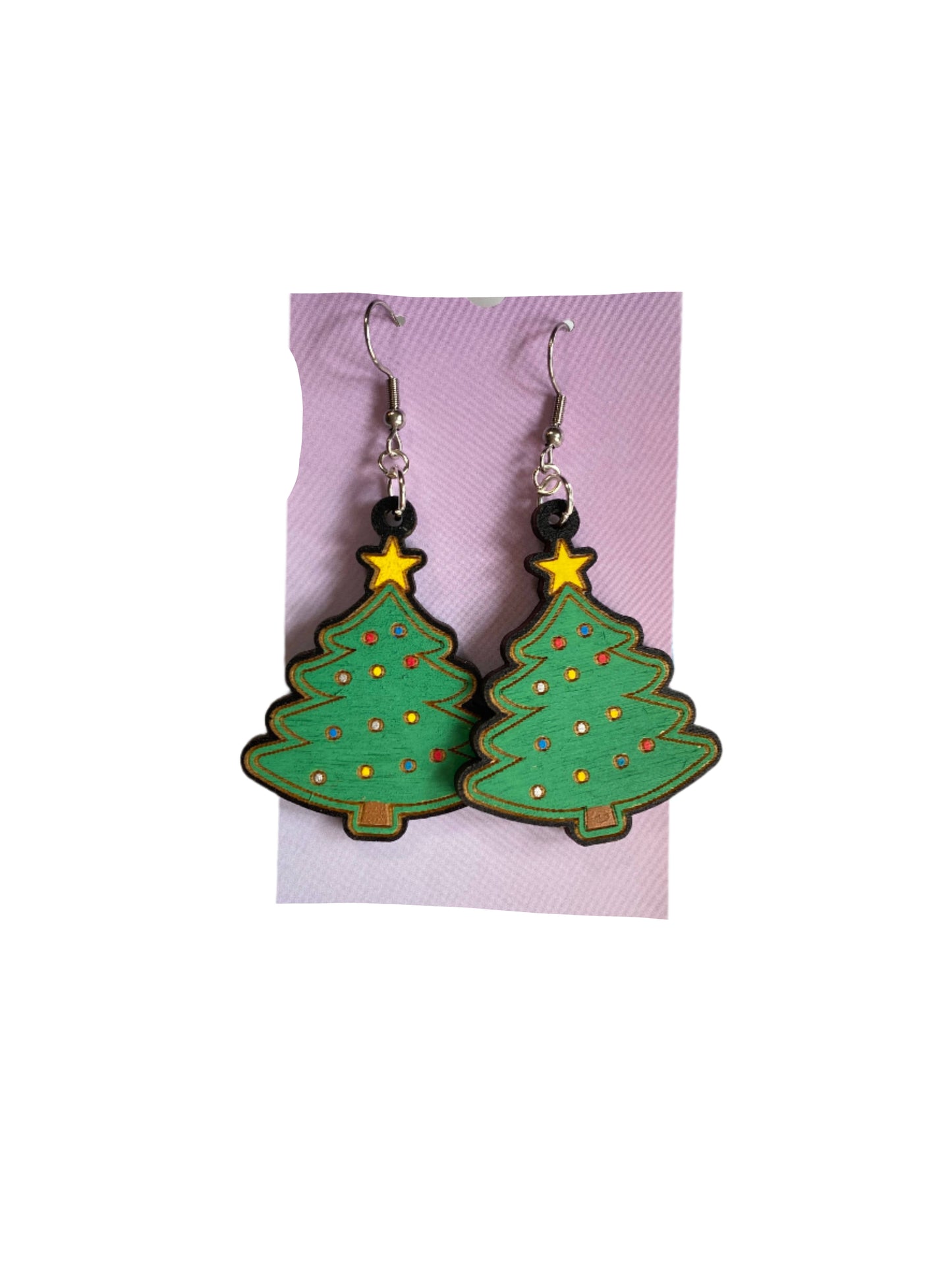 Christmas Tree Hand Painted Wooden Wire Earrings