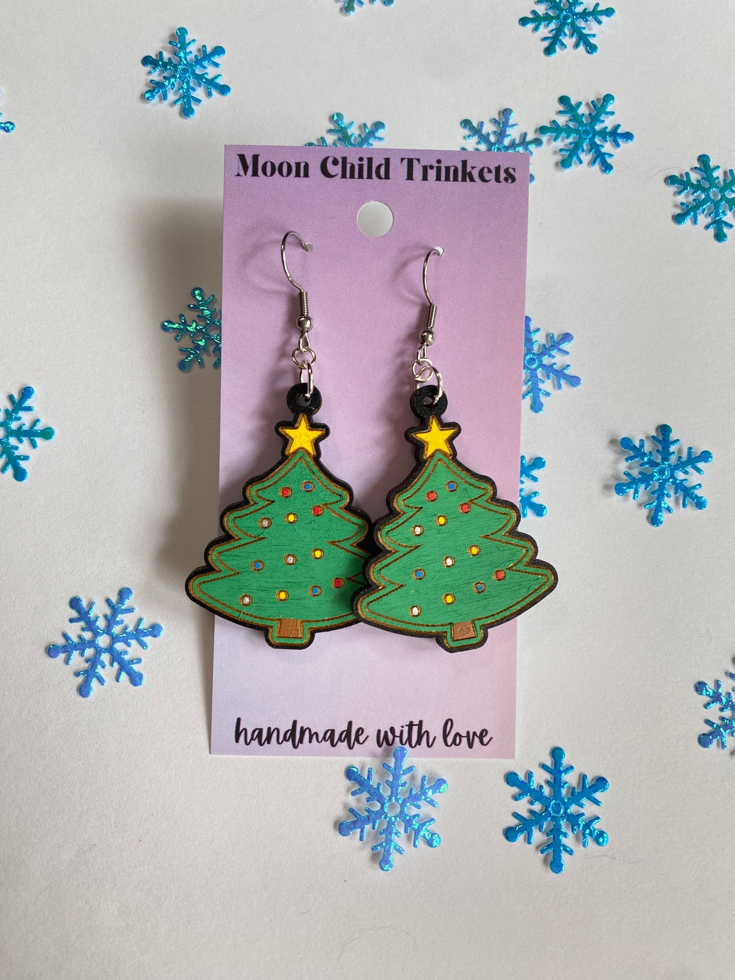 Christmas Tree Hand Painted Wooden Wire Earrings