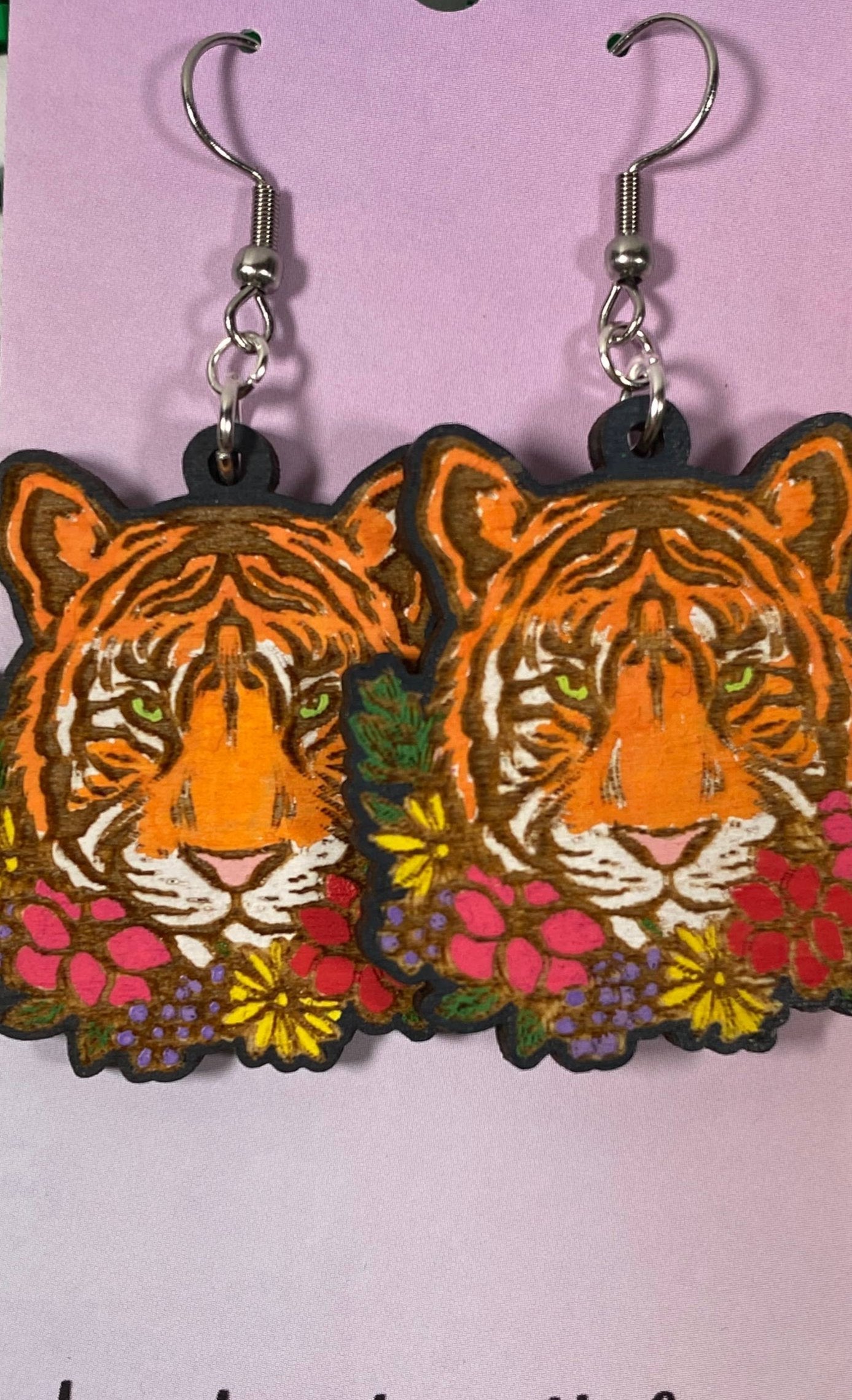 Bengal Tiger  Hand Painted Wooden Wire EarringsPink tiful of LOVE