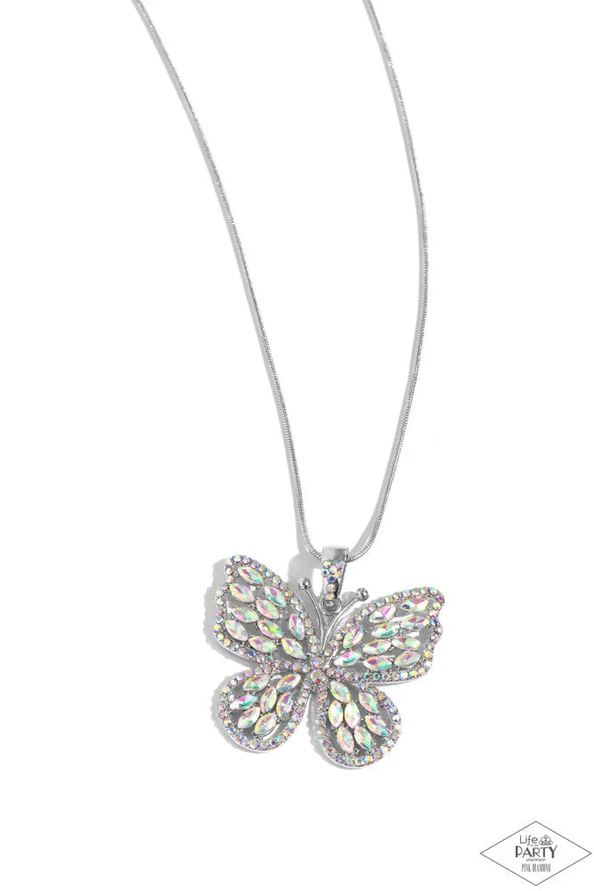 Multi Iridescent Rhinestone Silver Butterfly Necklace