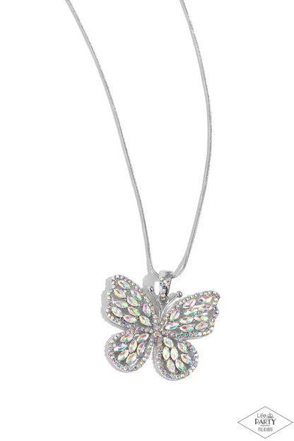 Multi Iridescent Rhinestone Silver Butterfly Necklace