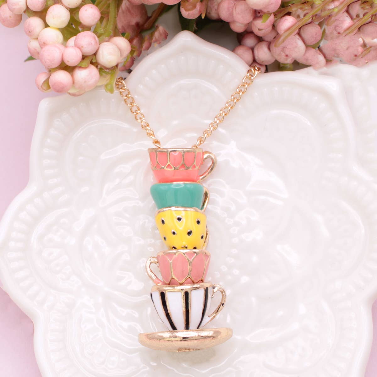 Pastel Teacup Stack Gold NecklacePink tiful of LOVE