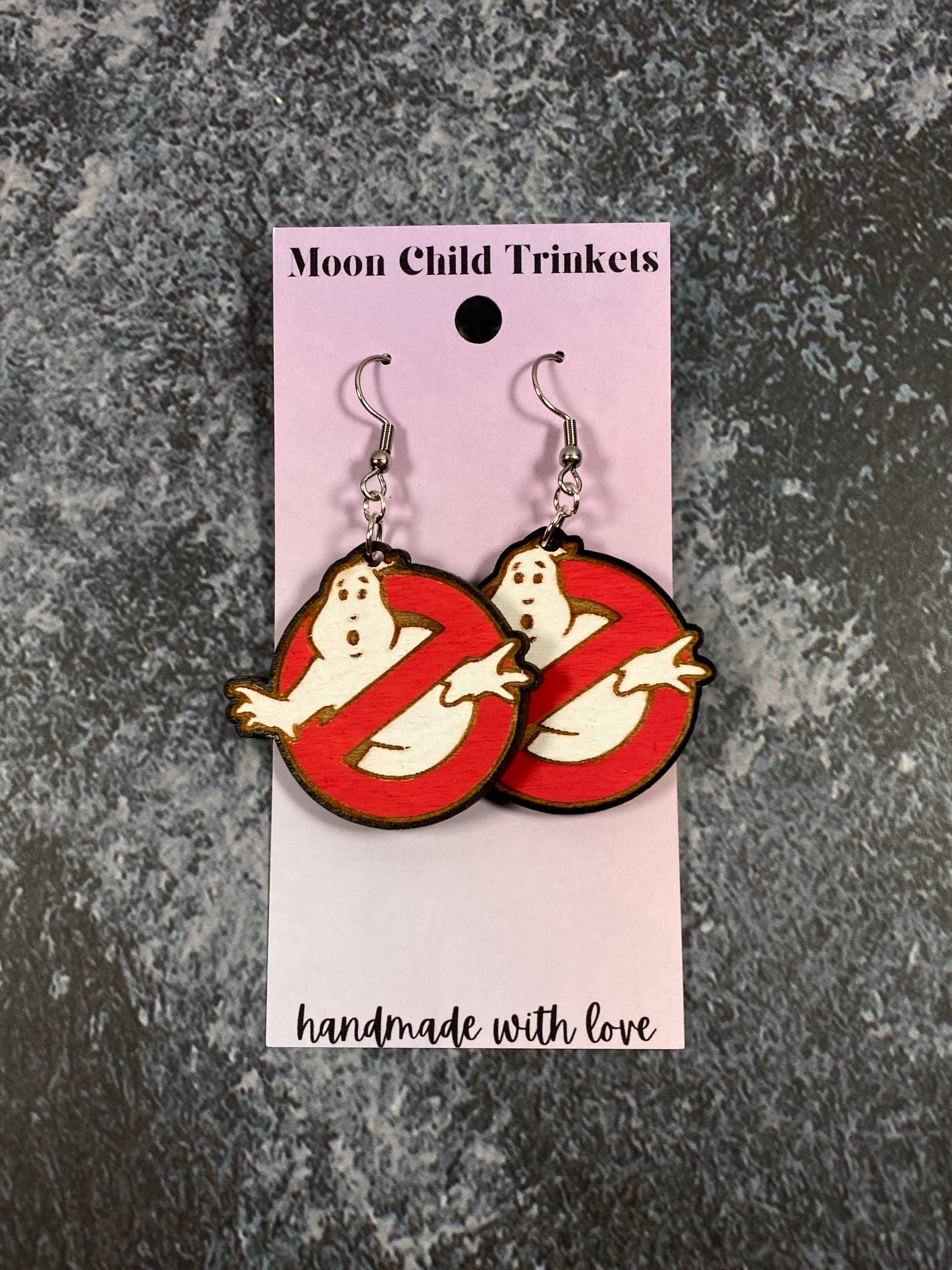 Ghostbusters Hand Painted Wooden Wire EarringsPink tiful of LOVE