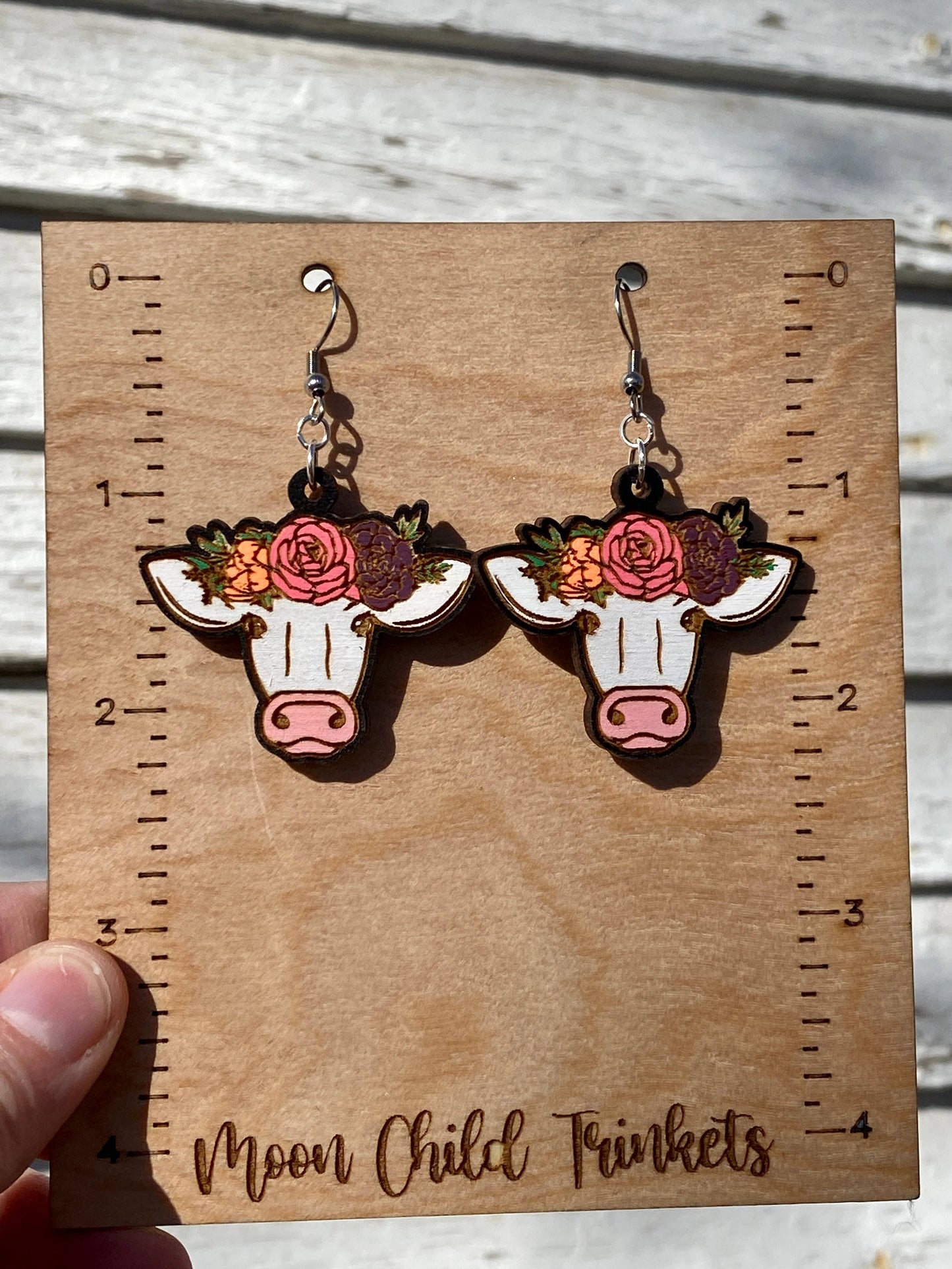 Floral Cow Hand Painted Wooden Wire EarringsPink tiful of LOVE