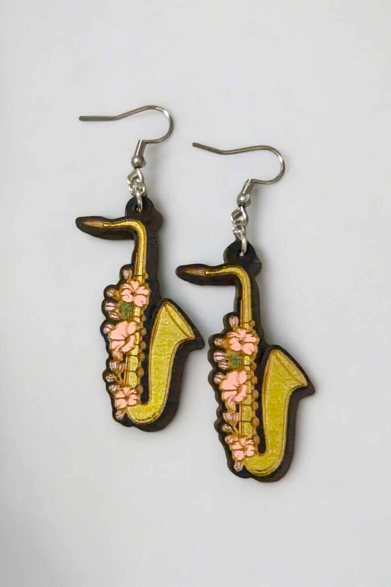 Floral Saxophone Hand Painted Wooden Wire EarringsPink tiful of LOVE