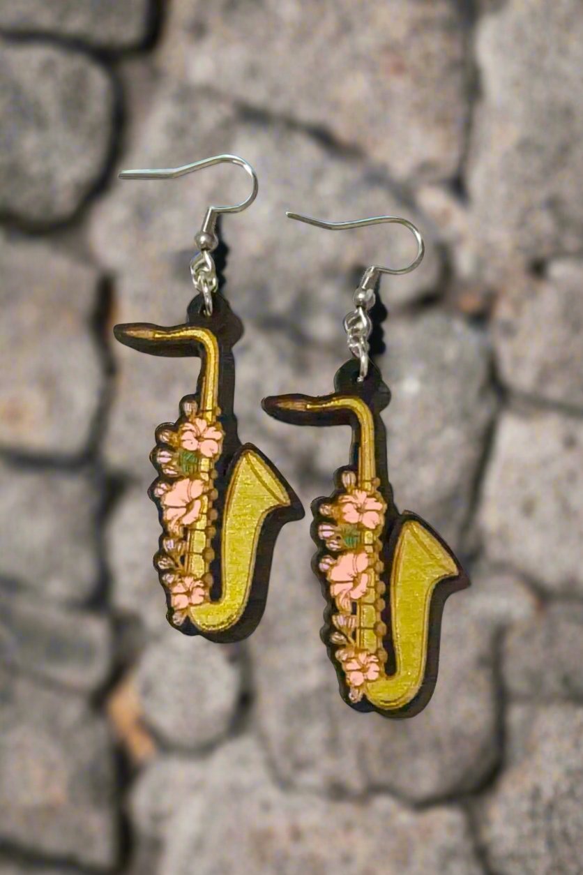 Floral Saxophone Hand Painted Wooden Wire EarringsPink tiful of LOVE