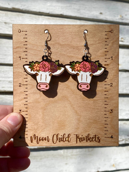 Floral Cow Hand Painted Wooden Wire EarringsPink tiful of LOVE