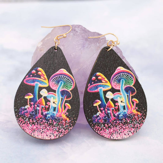 Neon Magic Wood Mushroom Print Wire EarringsPink tiful of LOVE