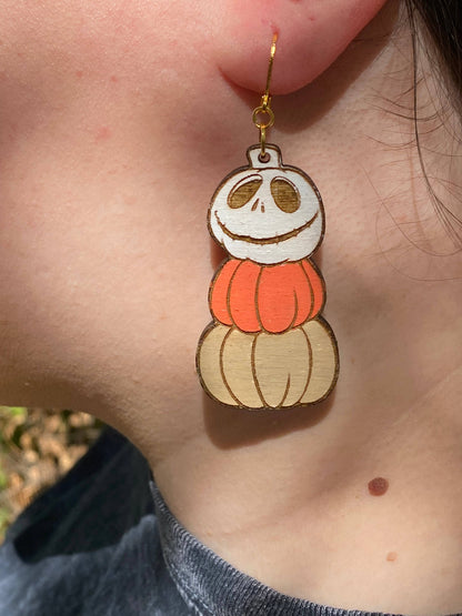 Jack Skellington Stacked Pumpkin Hand Painted Wooden Wire EarringsPink tiful of LOVE