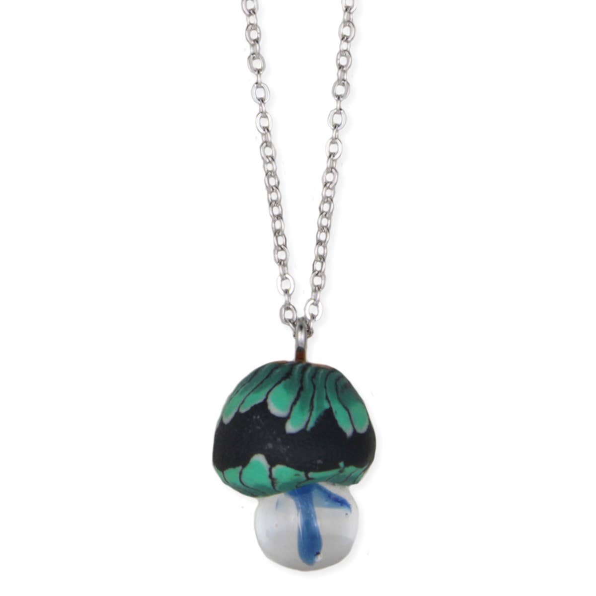 Blue Clay & Glass Mushroom pendant on a silver chain Necklace