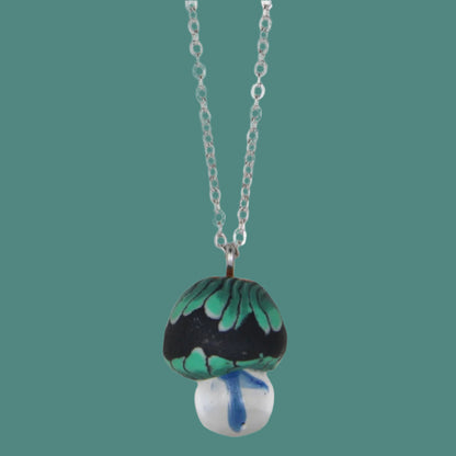 Blue Clay & Glass Mushroom pendant on a silver chain Necklace