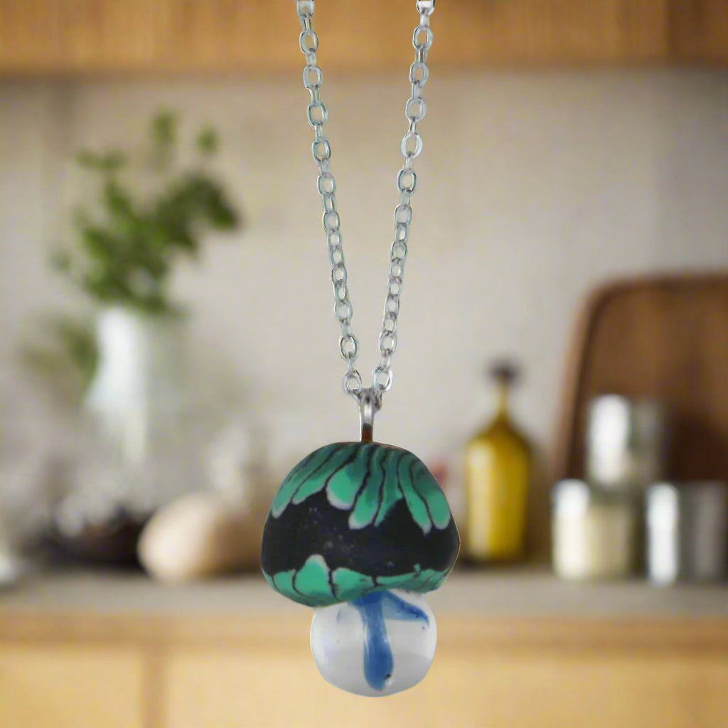 Blue Clay & Glass Mushroom pendant on a silver chain Necklace