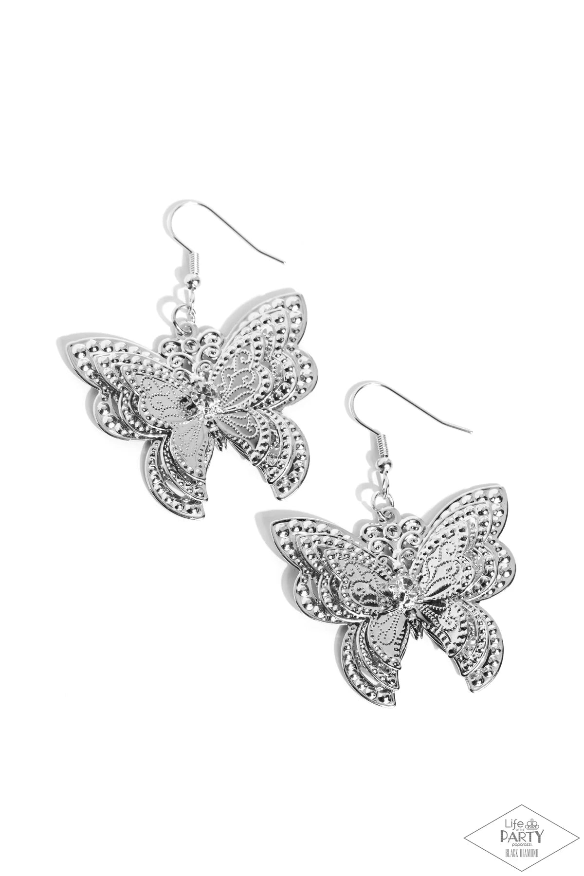 White Rhinestone Silver Butterfly Wire Earrings