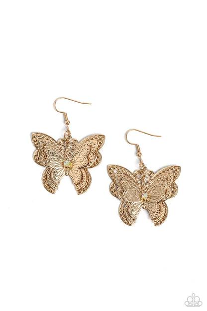 White Rhinestone Gold Butterfly Wire Earrings