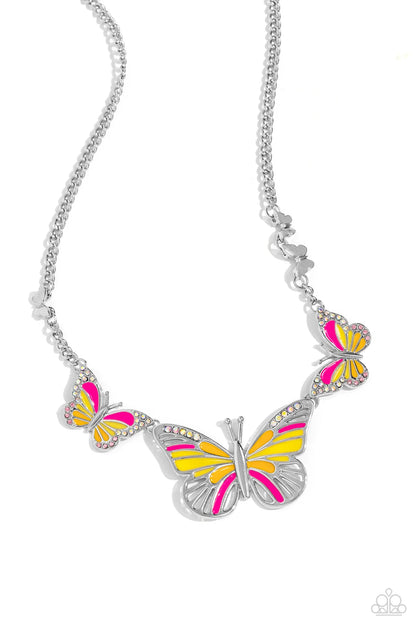 Pink, Orange and Blue Butterfly Silver Necklace