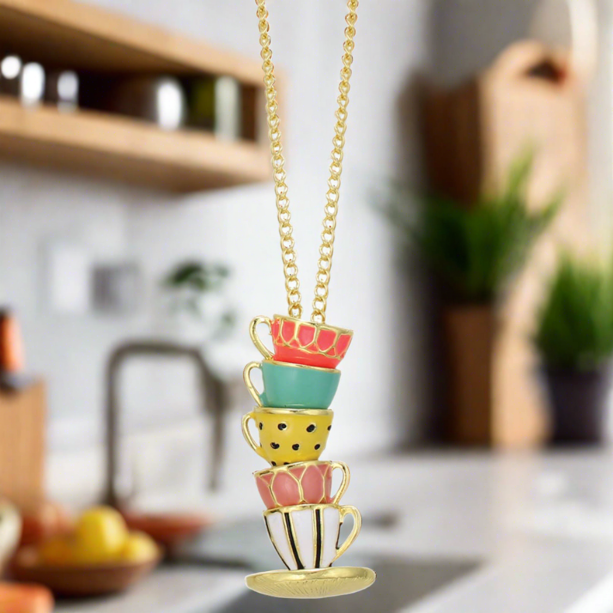 Pastel Teacup Stack Gold NecklacePink tiful of LOVE