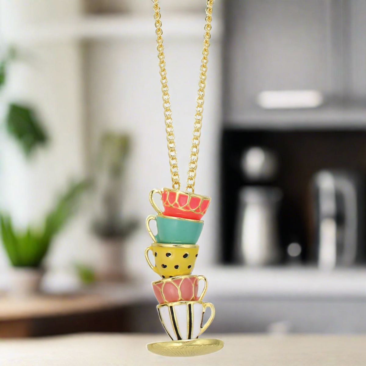 Pastel Teacup Stack Gold NecklacePink tiful of LOVE