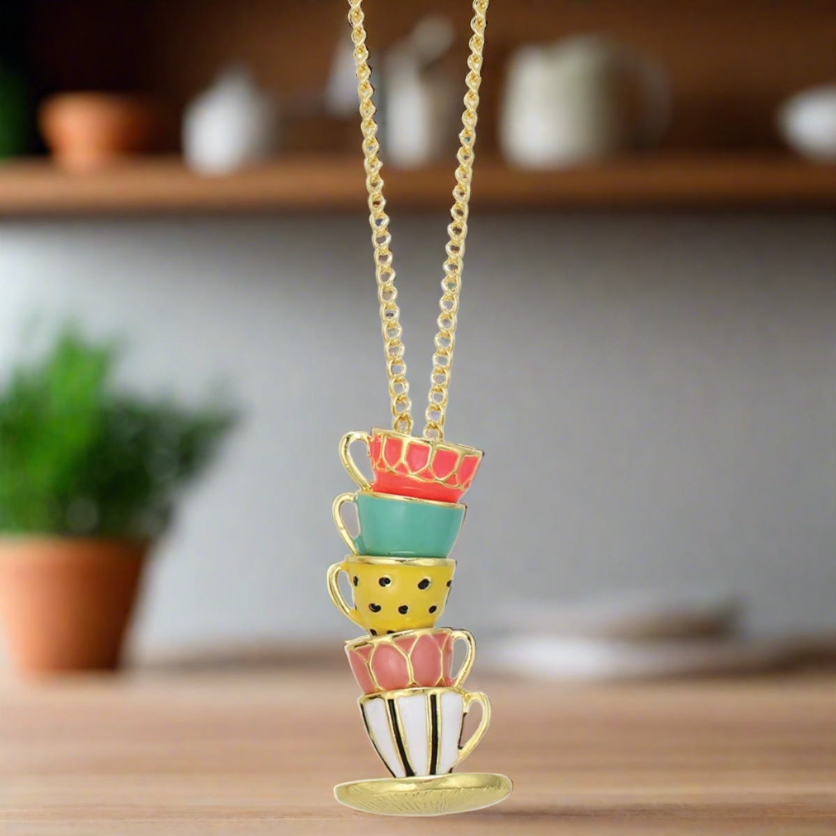 Pastel Teacup Stack Gold NecklacePink tiful of LOVE