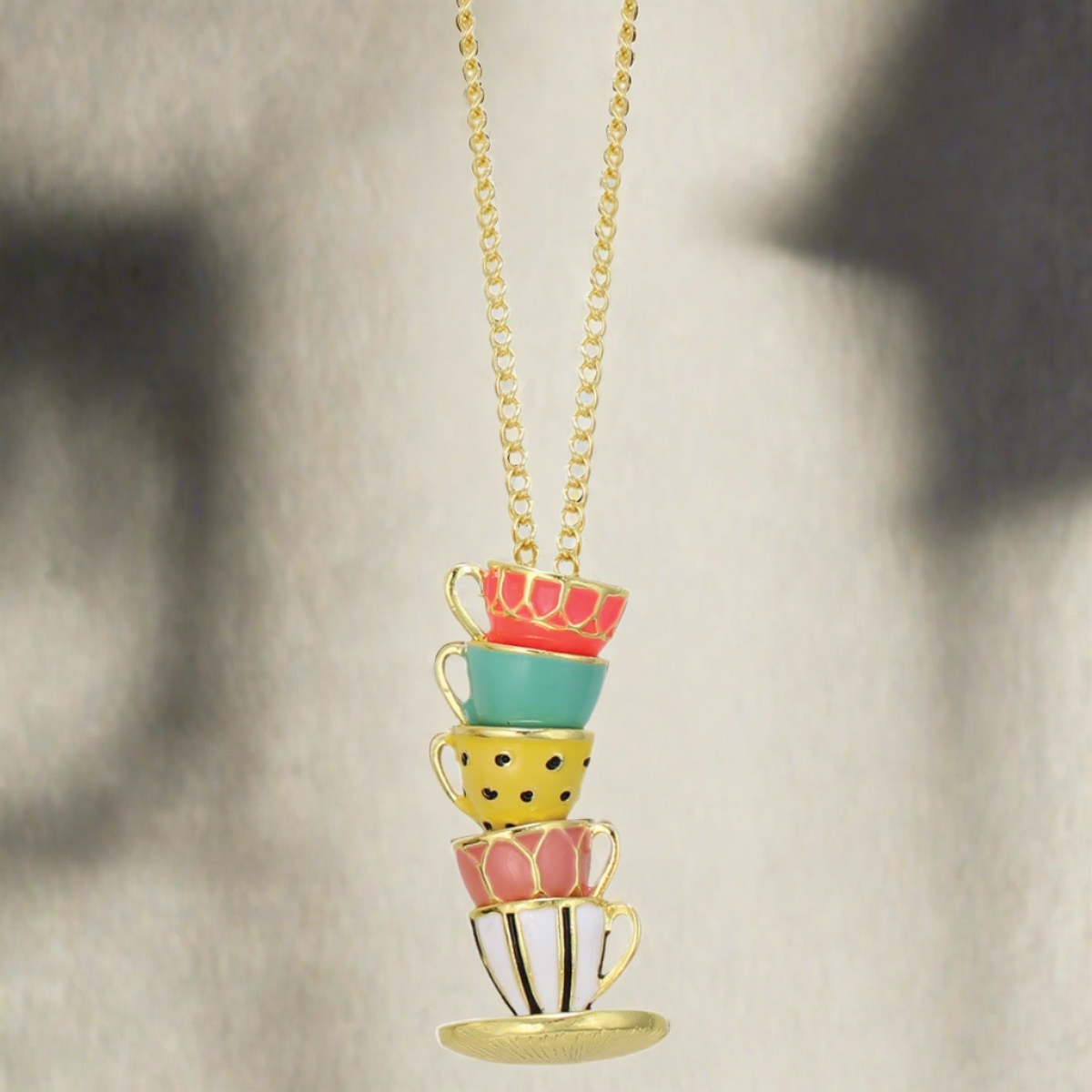 Pastel Teacup Stack Gold NecklacePink tiful of LOVE