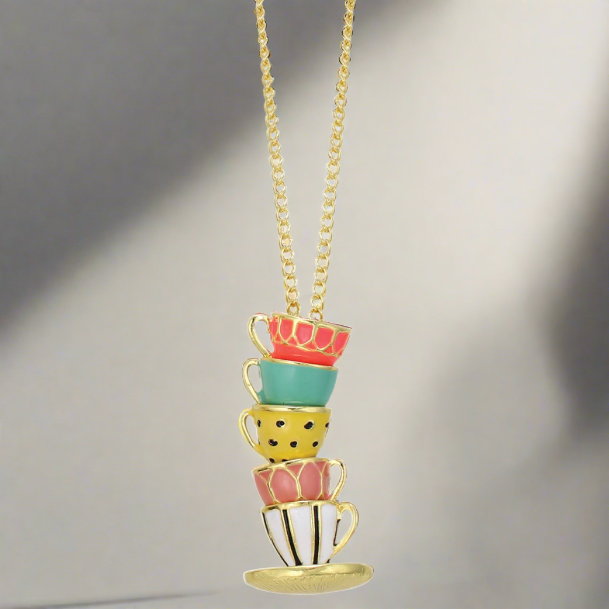 Pastel Teacup Stack Gold NecklacePink tiful of LOVE