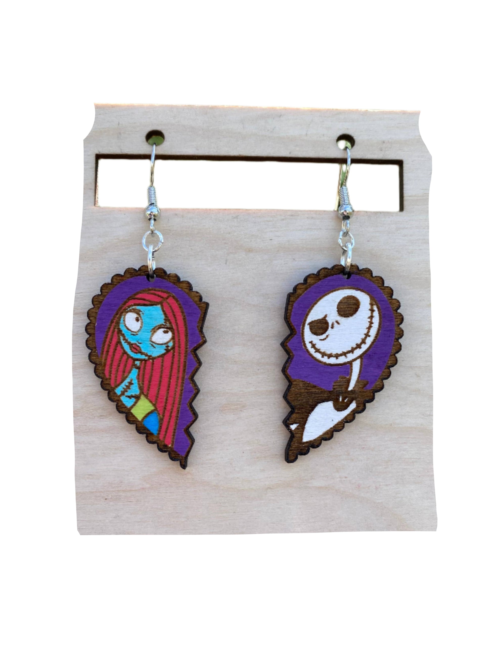 Jack and Sally Hearts Hand Painted Wooden Wire EarringsPink tiful of LOVE