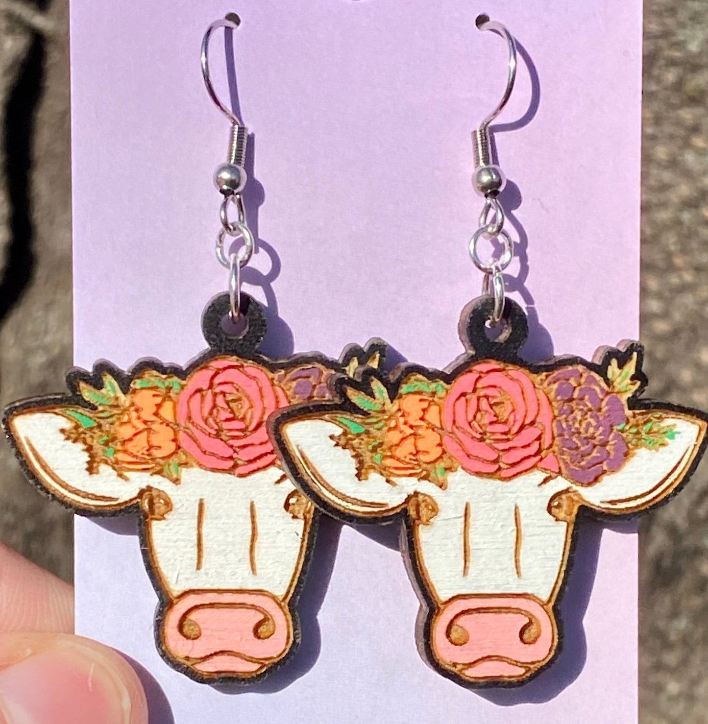 Floral Cow Hand Painted Wooden Wire EarringsPink tiful of LOVE