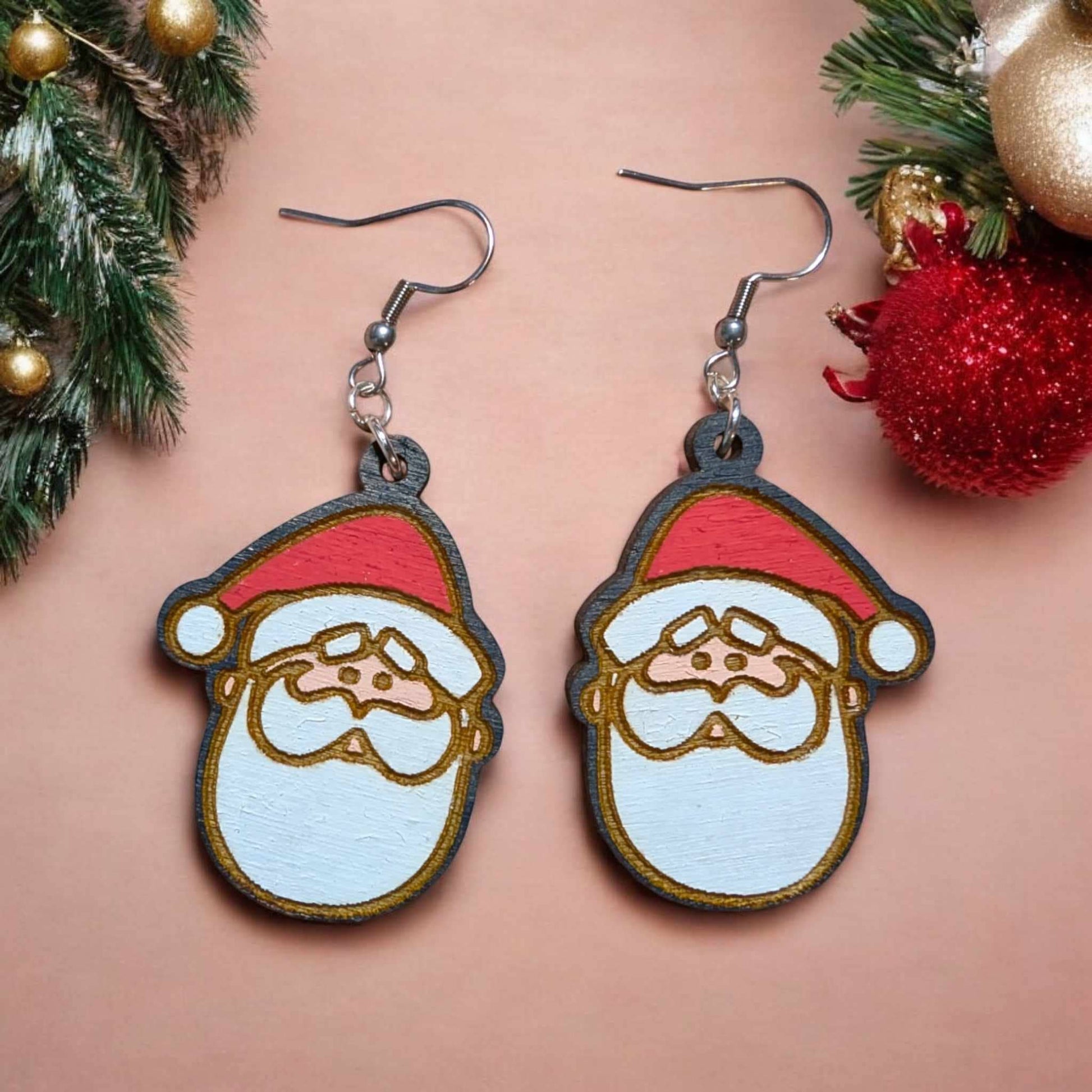 Santa Claus Hand Painted Wooden Wire EarringsPink tiful of LOVE