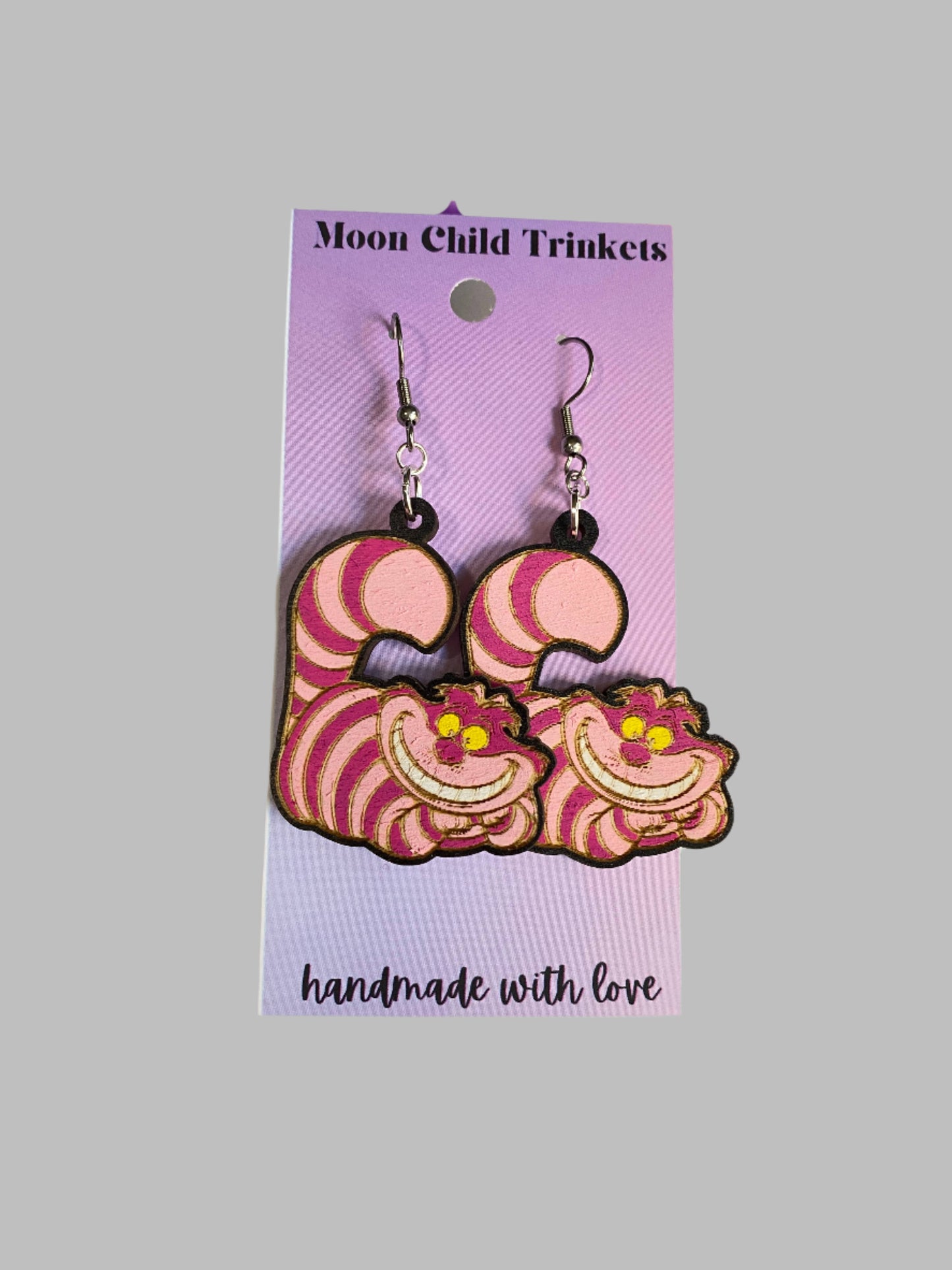 Cheshire Cat Hand Painted Wooden Wire EarringsPink tiful of LOVE