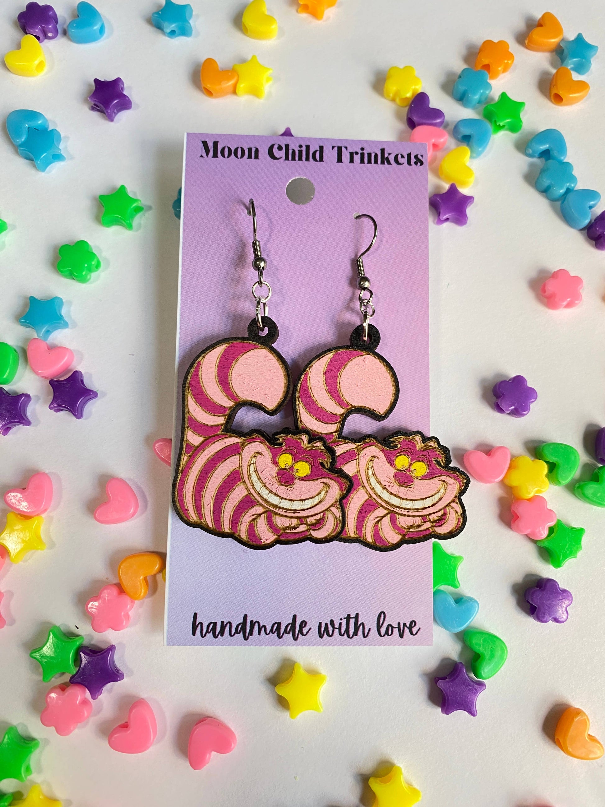 Cheshire Cat Hand Painted Wooden Wire EarringsPink tiful of LOVE