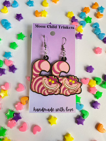 Cheshire Cat Hand Painted Wooden Wire EarringsPink tiful of LOVE