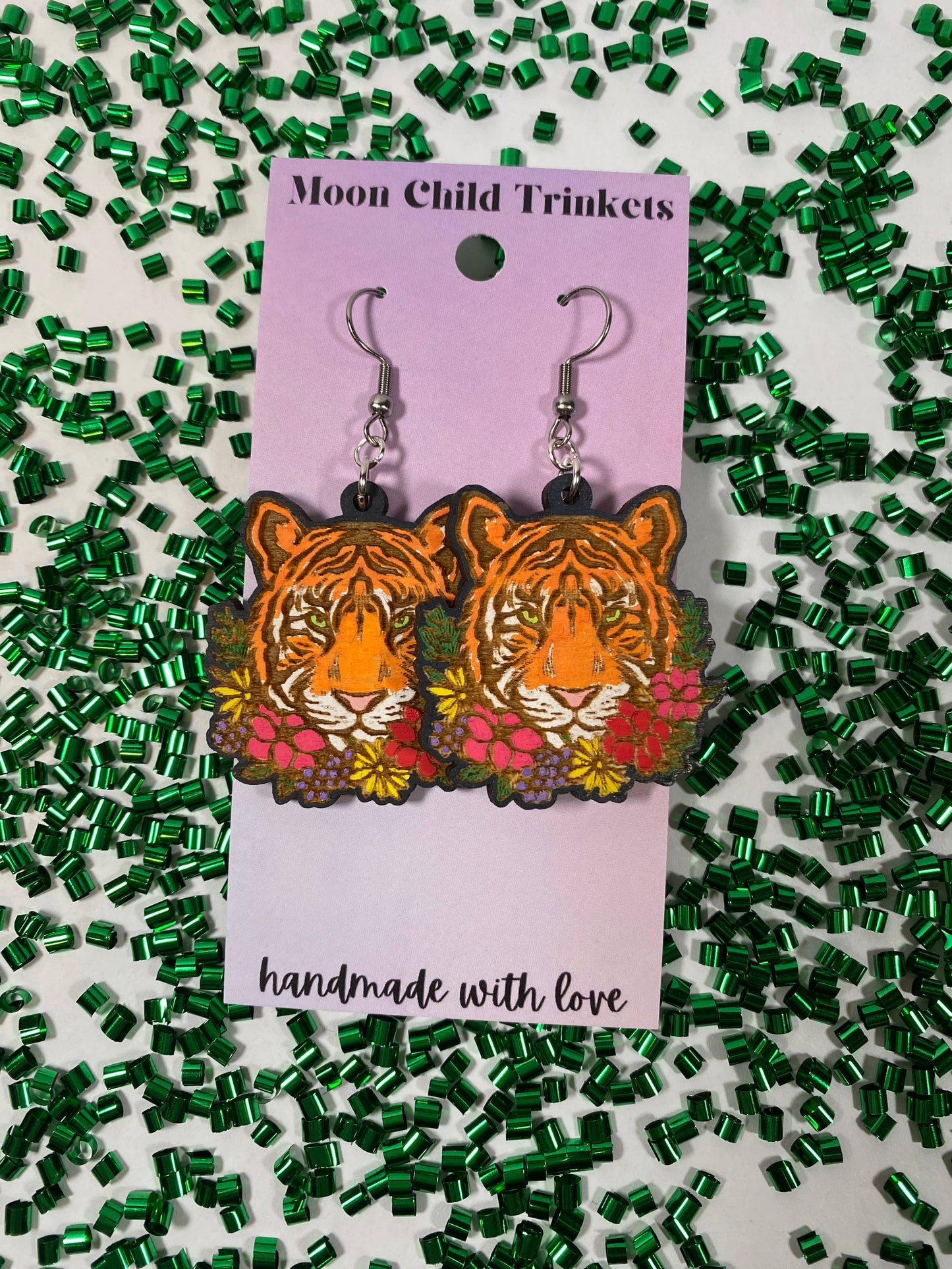 Bengal Tiger  Hand Painted Wooden Wire EarringsPink tiful of LOVE