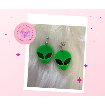 Green & Black Alien Head charm ball post earrings