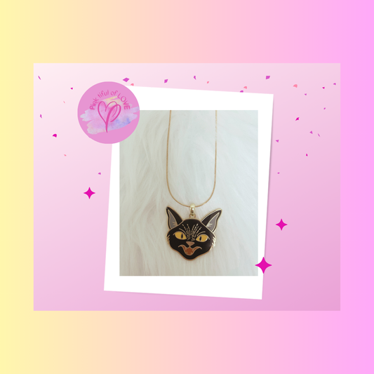 Halloween Black Cat Pendant on a gold Chain NecklacePink tiful of LOVE