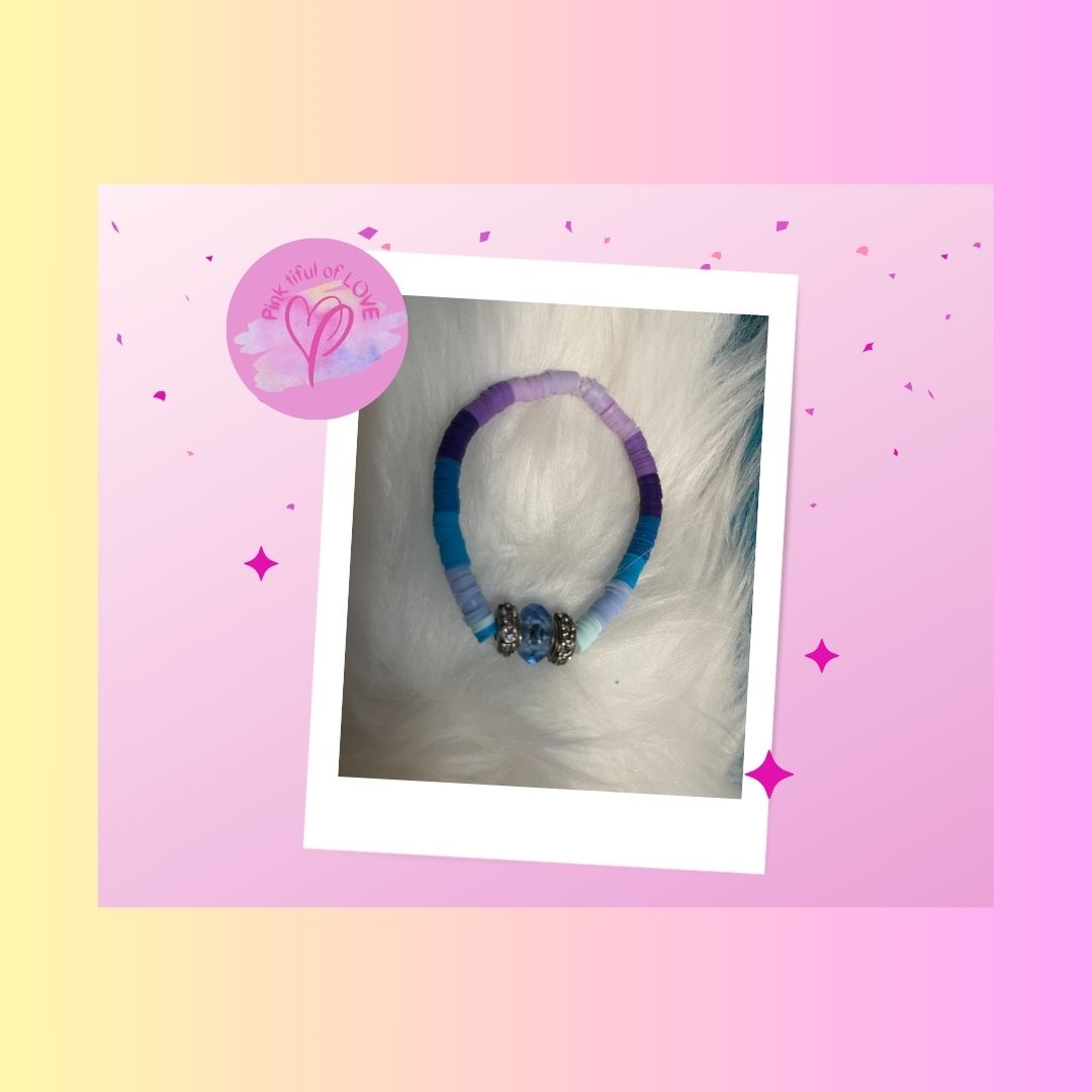 Blue Glass bead  &amp; shades of purple and blue Clay Beaded Stretch BraceletPink tiful of LOVE