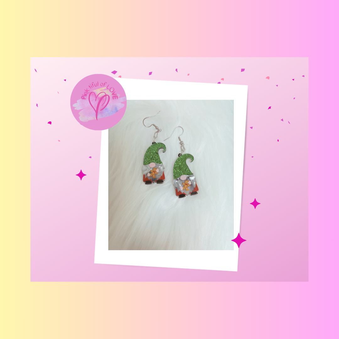 Holiday Gnome Green Glitter Charms Wire earringsPink tiful of LOVE