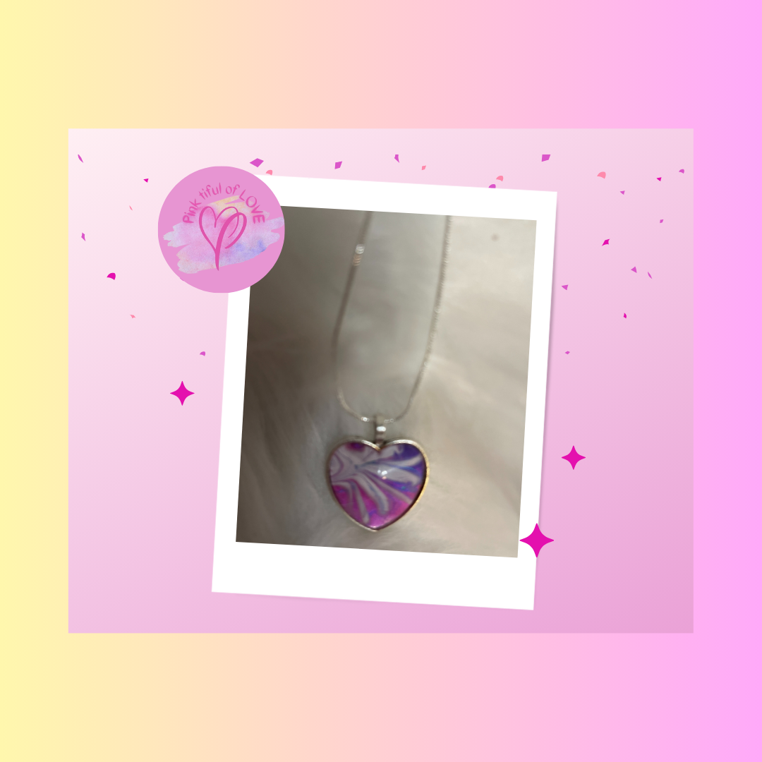 Acrylic Pour Paint - Pink, Purple &amp; White Heart Pendant on a Silver Chain NecklacePink tiful of LOVE