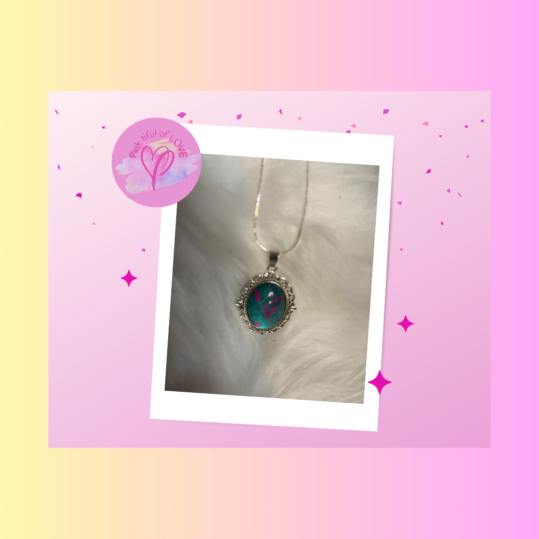 Acrylic Pour Paint - Pink &amp; Blue Oblong Pendant on a Silver Chain NecklacePink tiful of LOVE