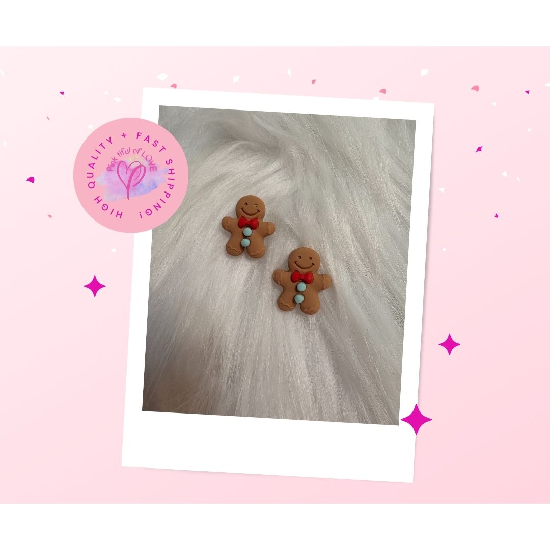 Gingerbread Man with red bow and blue buttons Stud EarringsPink tiful of LOVE