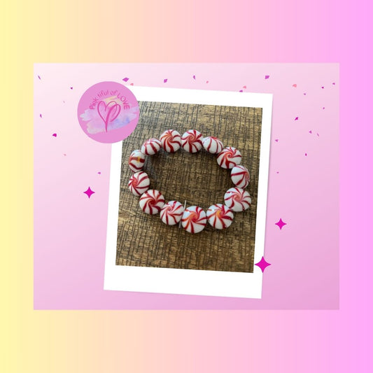 Red and White Mint Candy Glass Beaded Elastic/Stretch BraceletPink tiful of LOVE