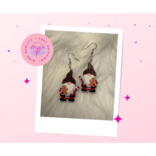 Christmas Gnome holding Gingerbread Man Wire EarringsPink tiful of LOVE