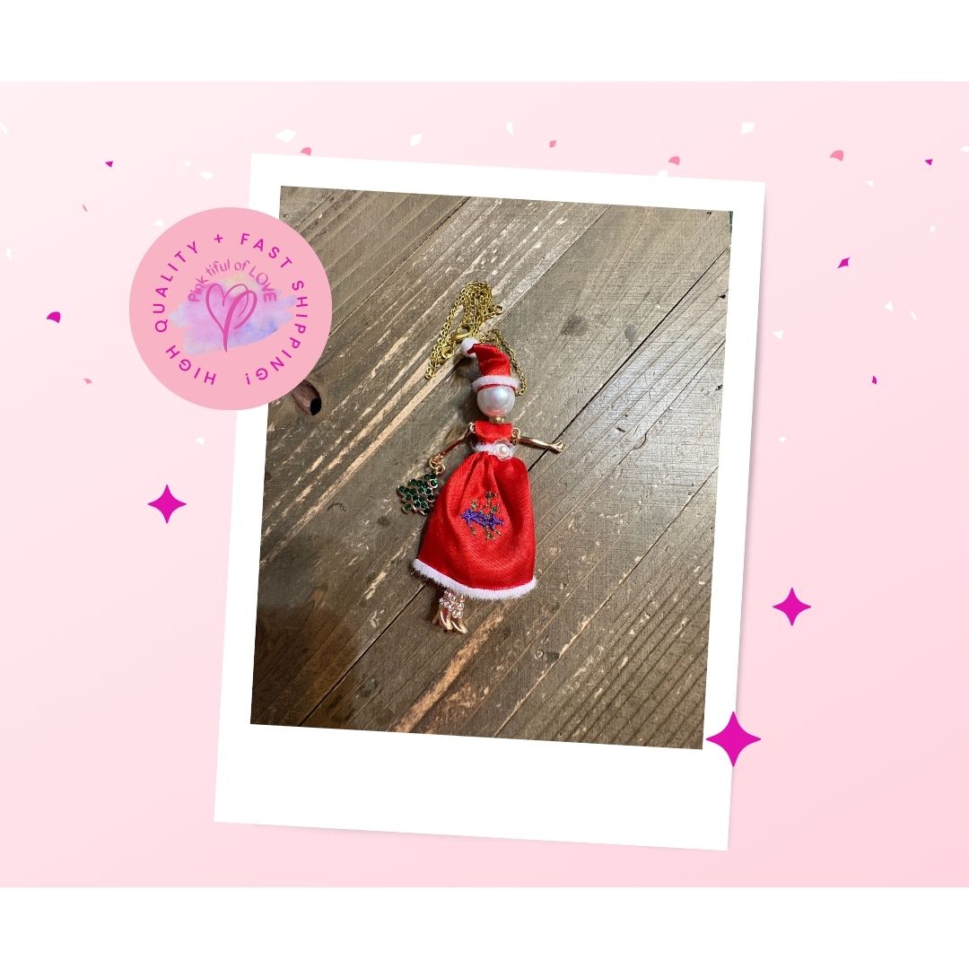 Christmas Red Dressed Doll Pendant on a gold Chain NecklacePink tiful of LOVE