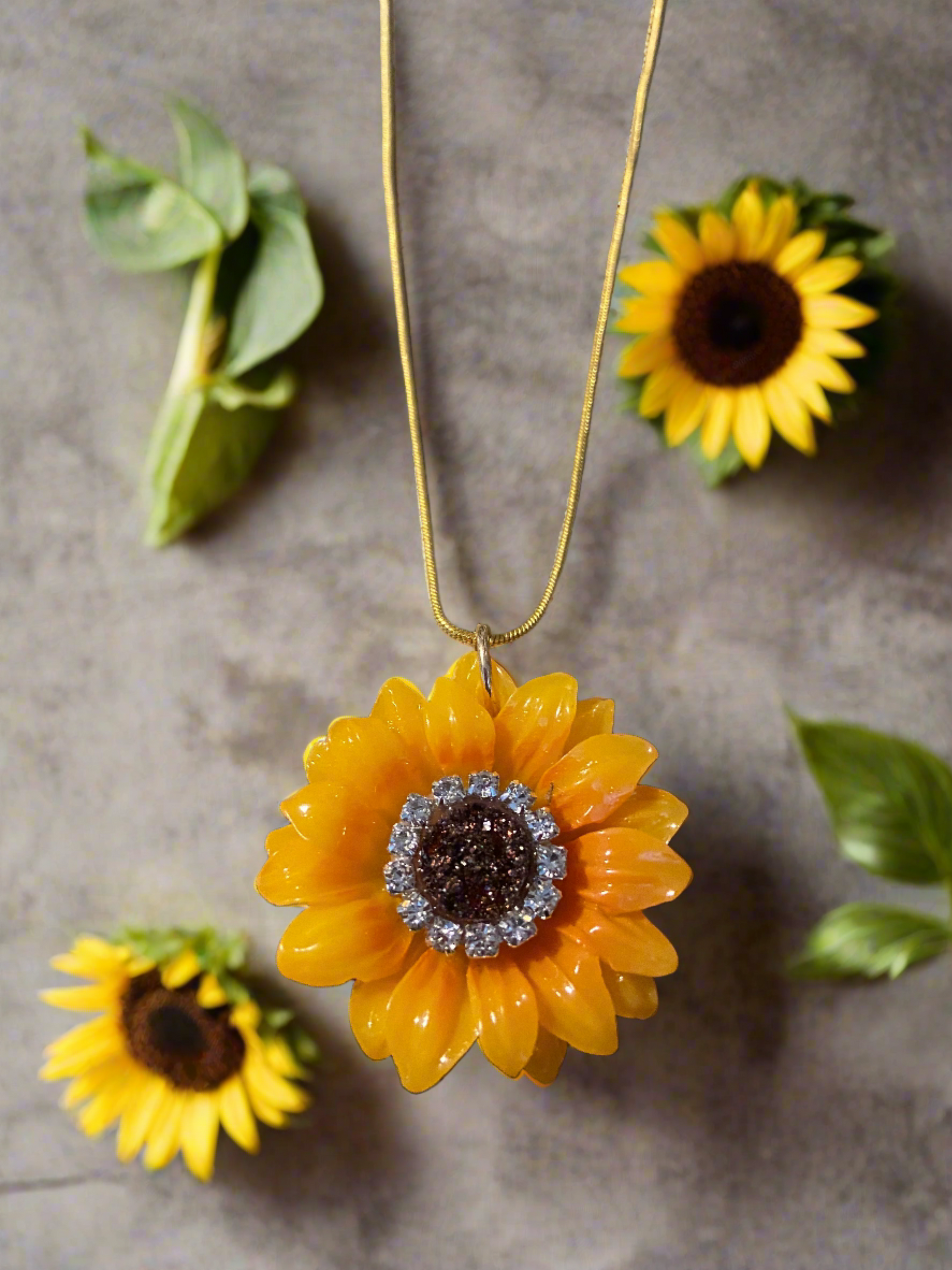 Sunflower Rhinestone Pendant on a Gold chain NecklacePink tiful of LOVE