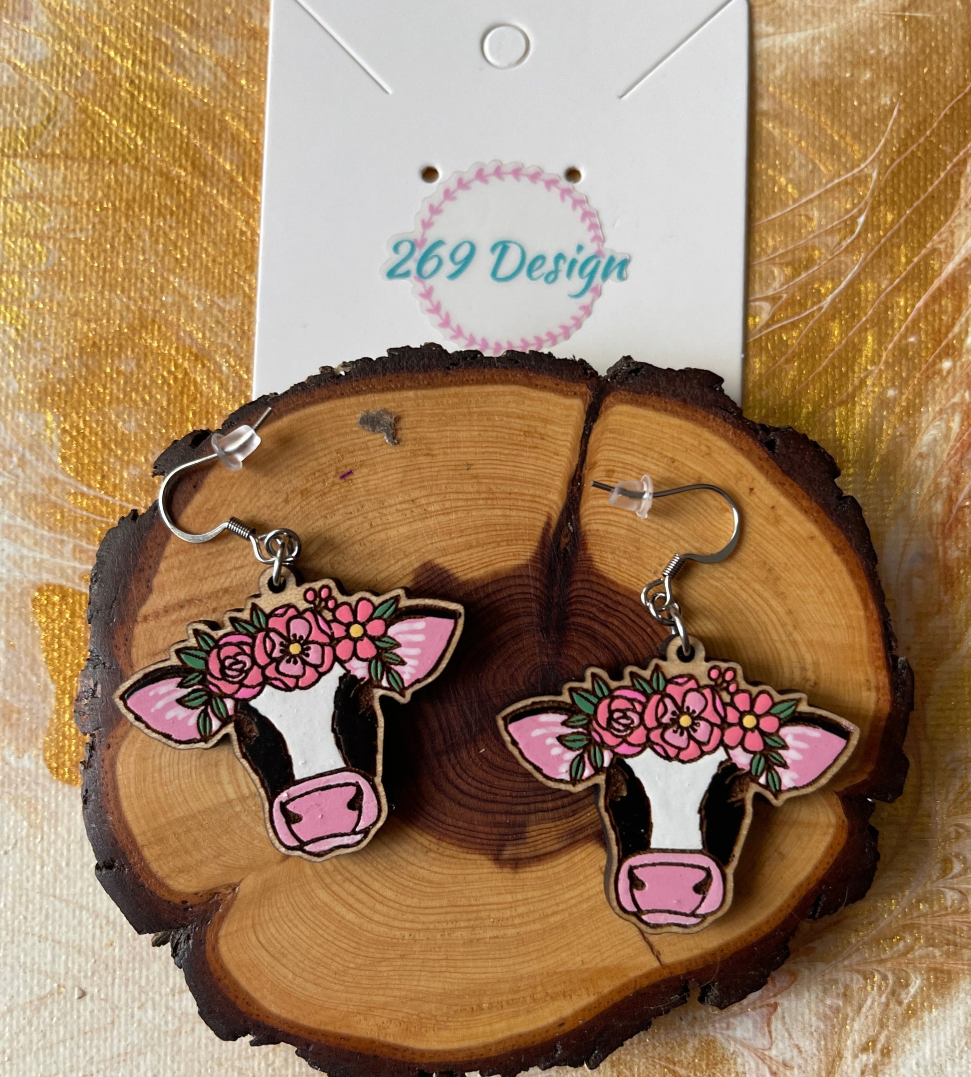 Black Cow with Flower Crown Wooden Wire EarringsPink tiful of LOVE