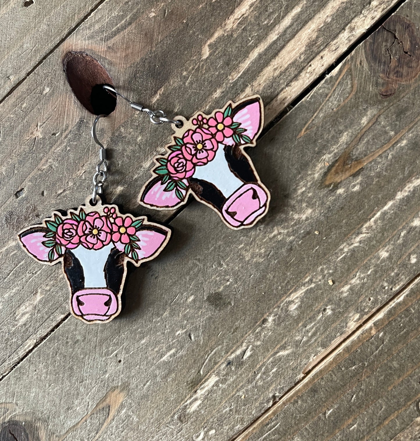 Black Cow with Flower Crown Wooden Wire EarringsPink tiful of LOVE