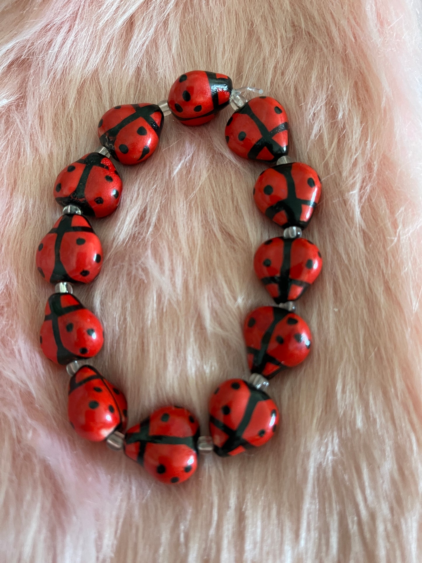 Red Ceramic Ladybug beaded Stretch braceletPink tiful of LOVE