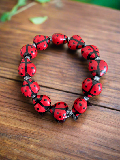 Red Ceramic Ladybug beaded Stretch braceletPink tiful of LOVE