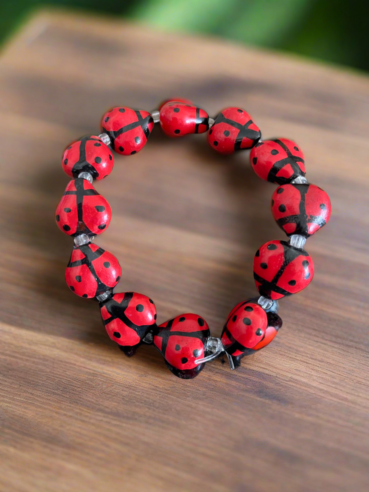 Red Ceramic Ladybug beaded Stretch braceletPink tiful of LOVE