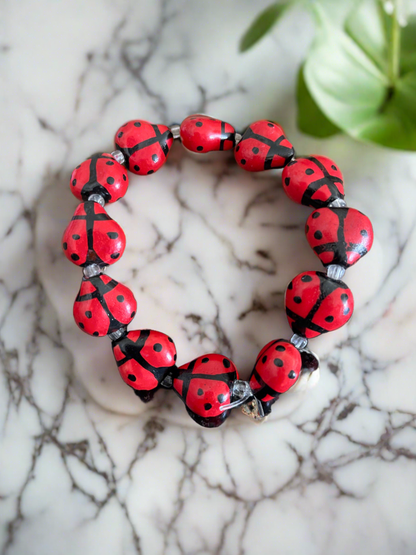 Red Ceramic Ladybug beaded Stretch braceletPink tiful of LOVE